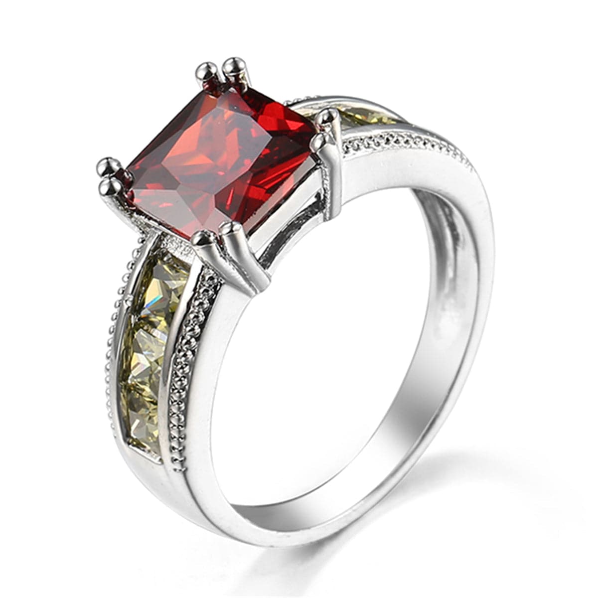 Red and Olive Green Crystal and Silver-Plated Princess-Cut Ring, silver statement rings for women, front view