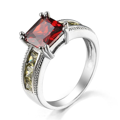 Red and Olive Green Crystal and Silver-Plated Princess-Cut Ring, silver statement rings for women, front view