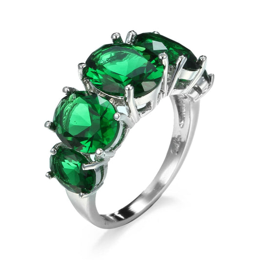Green Crystal and Silver-Plated Oval Ring, silver statement rings for women, vintage-inspired design, front view