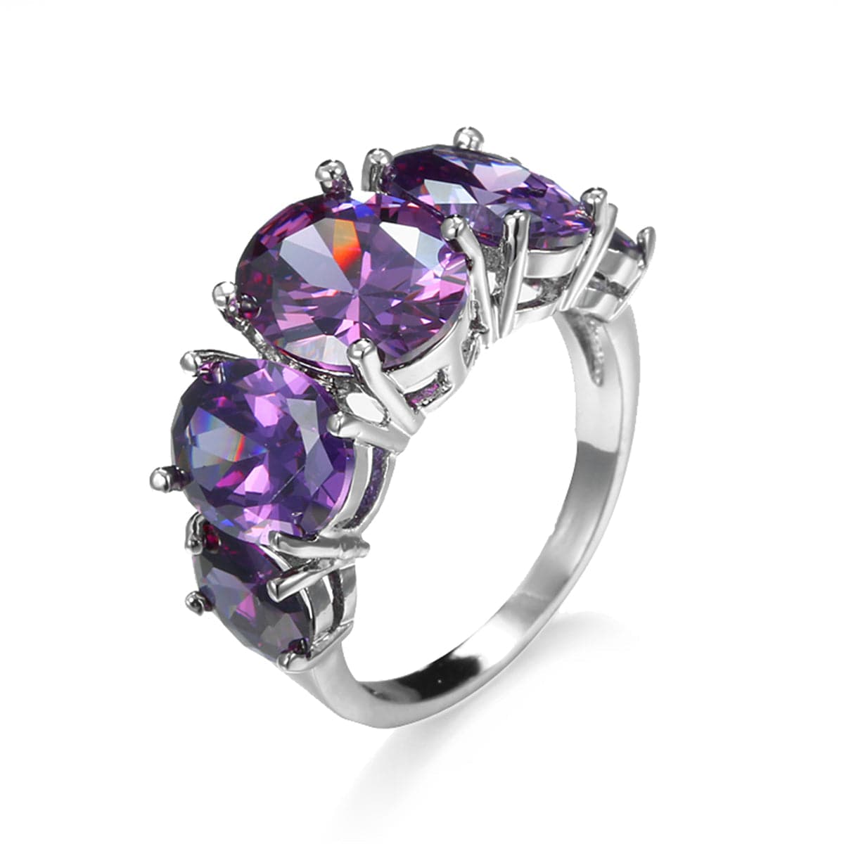 Purple Crystal & Silver-Plated Five-Stone Oval Ring
