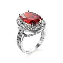 Red Crystal & Silver-Plated Oval Halo Ring