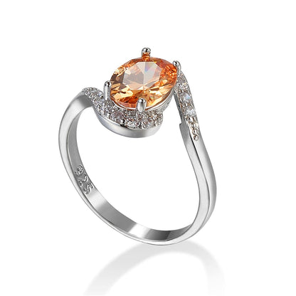 Champagne Crystal and Cubic Zirconia Oval Ring, statement rings for women, dainty minimalist design, front view