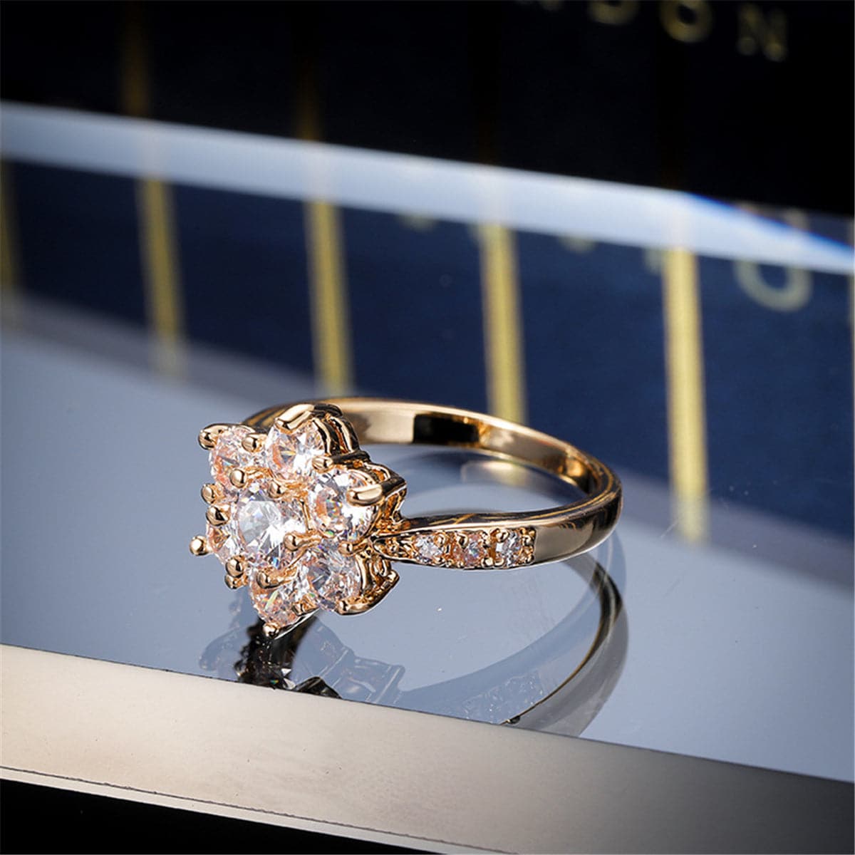 Cubic Zirconia and 18K Gold Plated Sunflower Ring, gold statement rings for women, elegant gift for her, front view