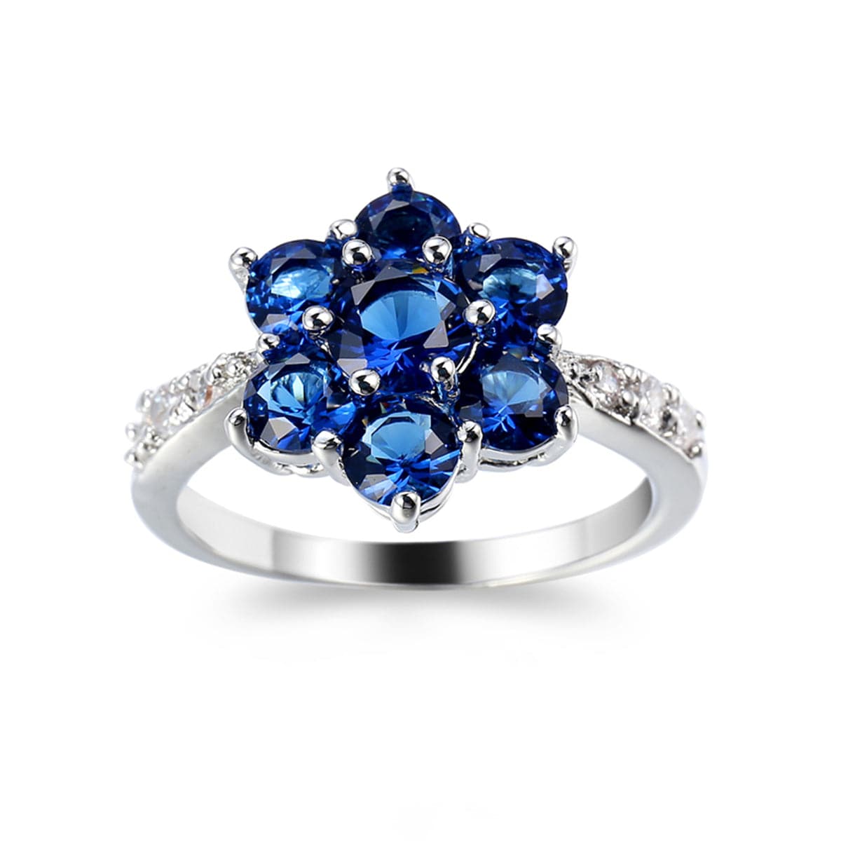 Navy Crystal and Cubic Zirconia Flower Ring, statement rings for women, everyday style, front view