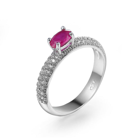 Red Crystal and Silver-Plated Oval-Cut Ring, silver statement rings for women, everyday style, front view