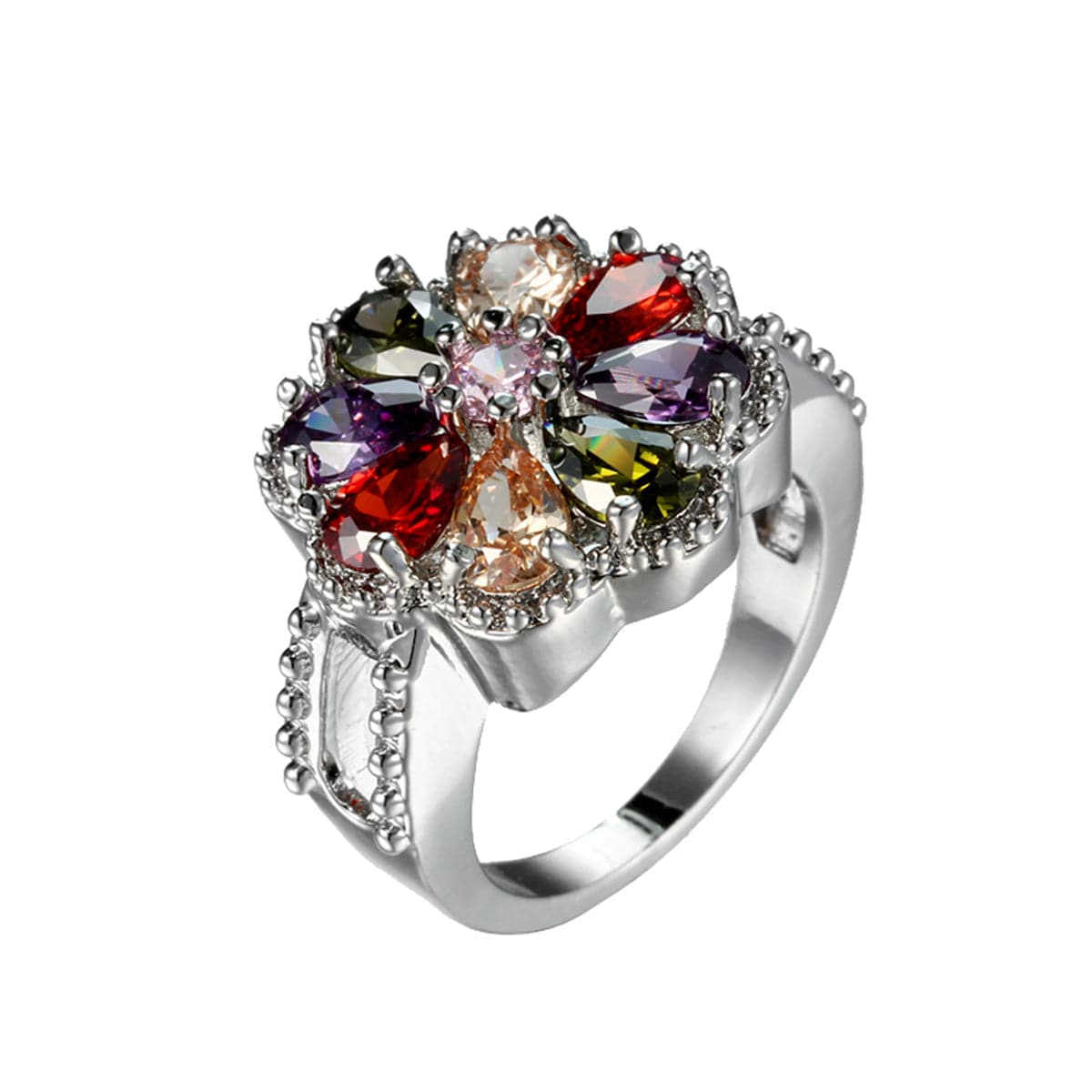 Red and Purple Crystal Flower Ring, statement rings for women, everyday style, front view