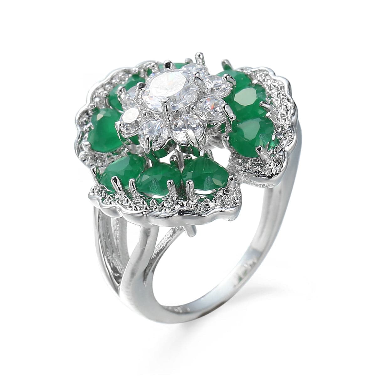 Green & White Cubic Zirconia Ornate Floral Ring