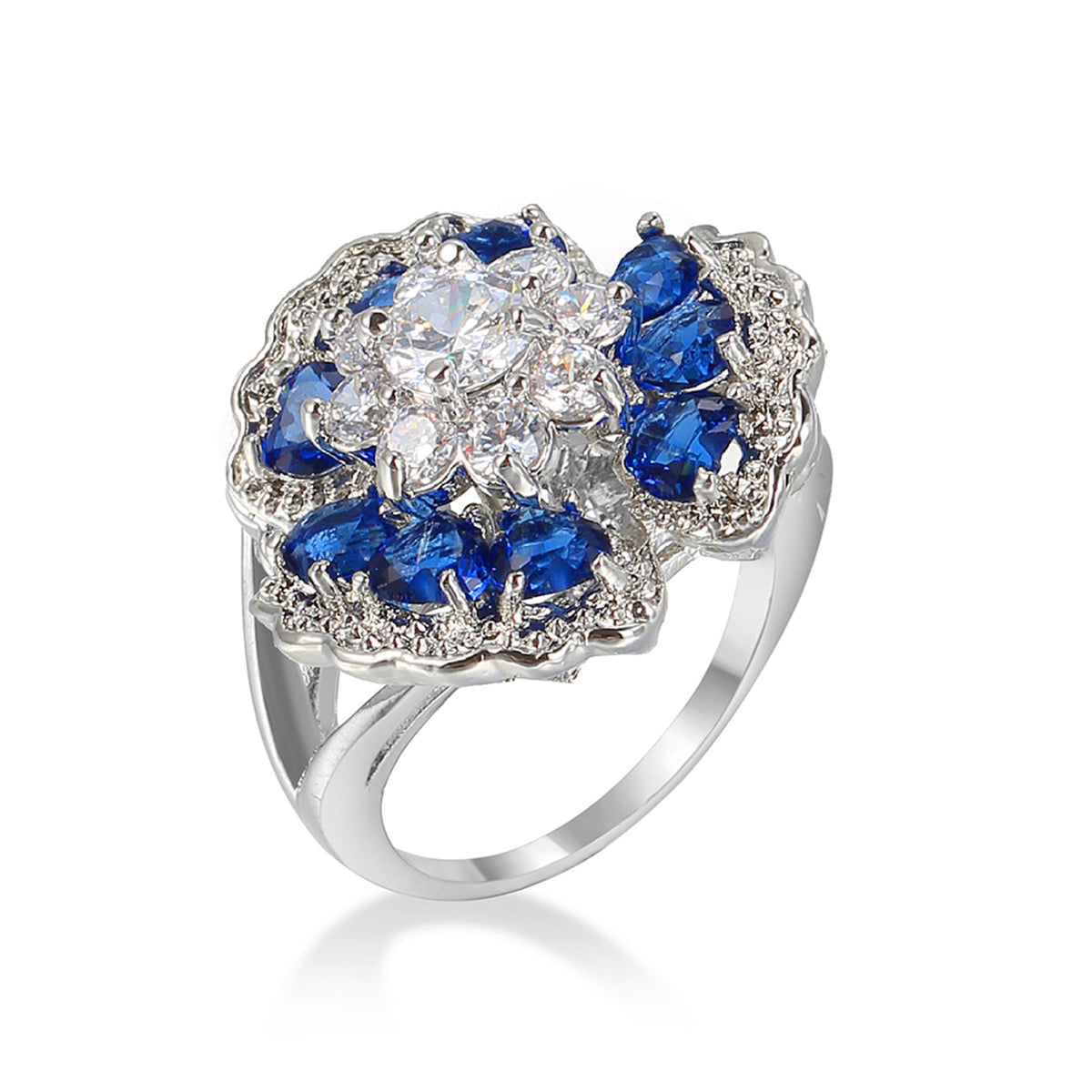 Navy Crystal and Cubic Zirconia Flower Petal Ring, statement rings for women, botanical inspired, front view