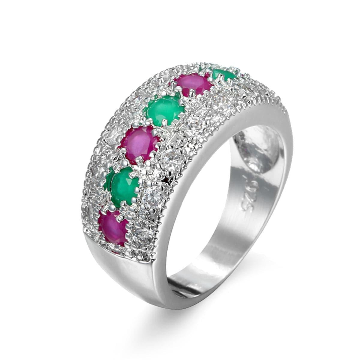 Green and Pink Cubic Zirconia and Crystal Prong-Set Pavé Ring, statement rings for women, vintage-inspired design, front view
