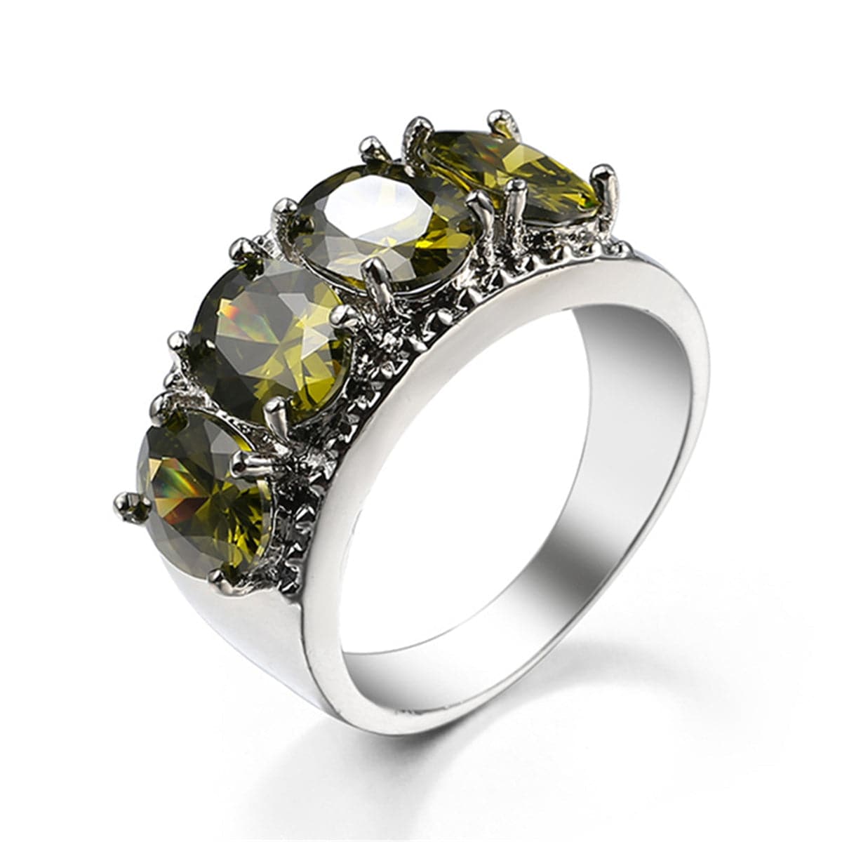 Olive Crystal and Silver-Plated Prong Ring, silver statement rings for women, botanical inspired, front view