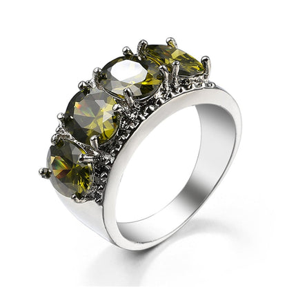 Olive Crystal and Silver-Plated Prong Ring, silver statement rings for women, botanical inspired, front view
