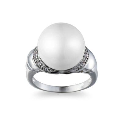 Pearl and Cubic Zirconia Silver-Plated Statement Ring, silver statement rings for women, dainty minimalist design, front view
