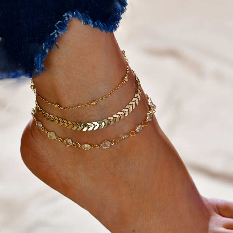 Crystal and 18K Gold-Plated Station Anklet Set, jewelry gift sets for women, botanical inspired, side view
