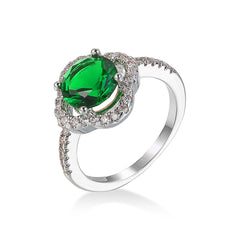 Green Cubic Zirconia & Crystal Clover Halo Round Ring