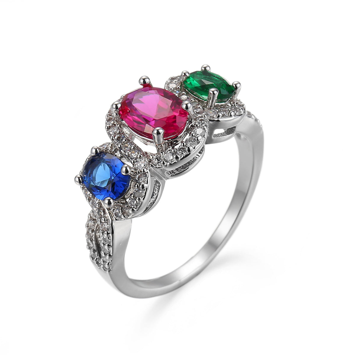 Crystal and Cubic Zirconia Trio Ring, statement rings for women, vintage-inspired design, side view