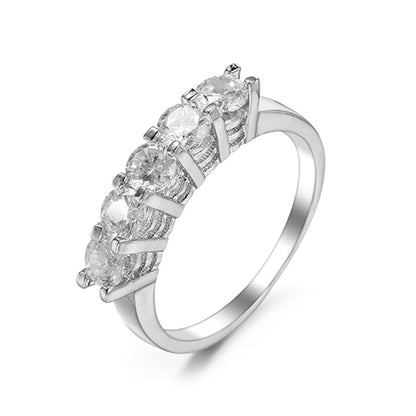 Crystal and Silver-Plated Five-Stone Ring, silver statement rings for women, elegant gift for her, front view