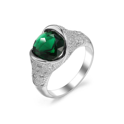 Green Crystal and Silver-Plated Bezel Ring, silver statement rings for women, dainty minimalist design, front view
