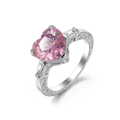 Pink Crystal and Silver-Plated Heart Ring, silver statement rings for women, botanical inspired, detail close-up