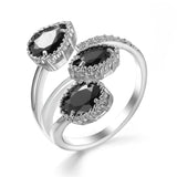 Black Crystal & Silver-Plated Rattan Ring