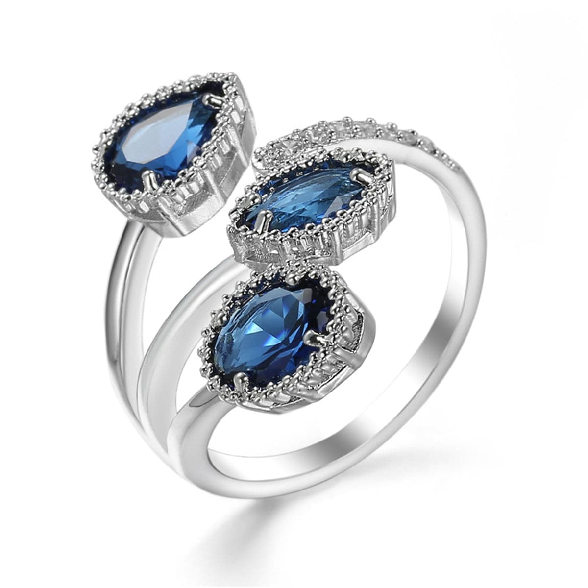 Navy Crystal and Silver-Plated Rattan Three-Stone Bypass Ring, silver statement rings for women, side view
