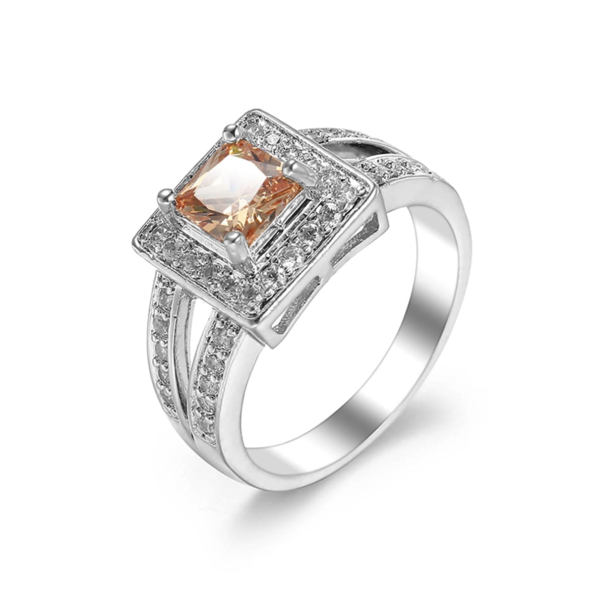 Champagne Crystal and Silver-Plated Square Hola Ring, silver statement rings for women, elegant gift for her, detail close-up