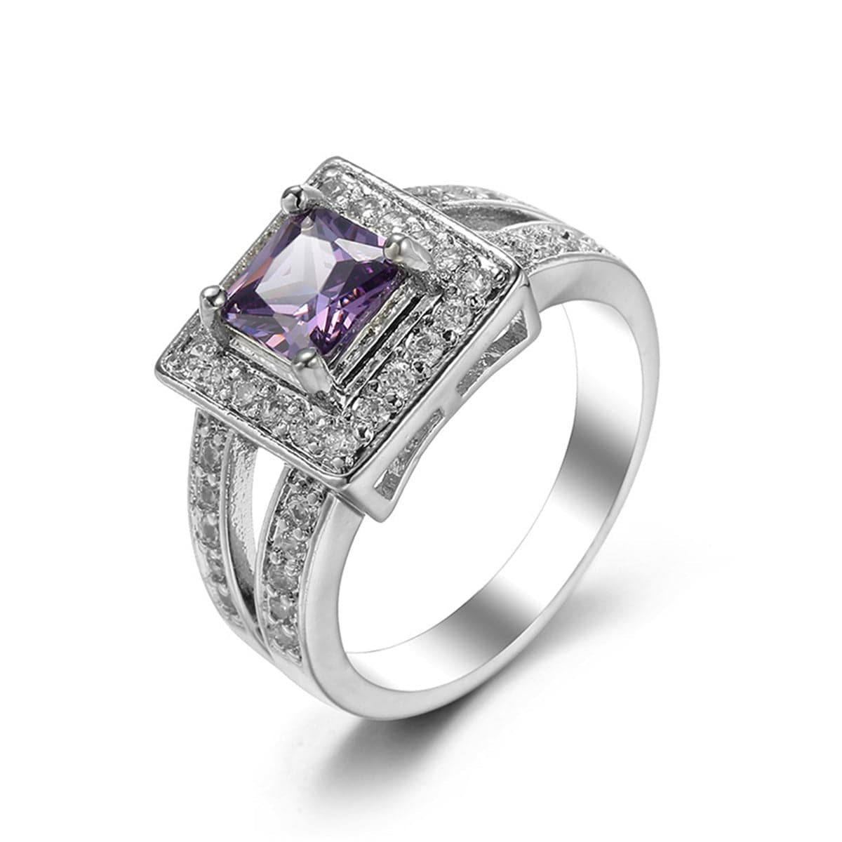 Purple Crystal & Cubic Zirconia Silver-Plated Halo Princess-Cut Ring