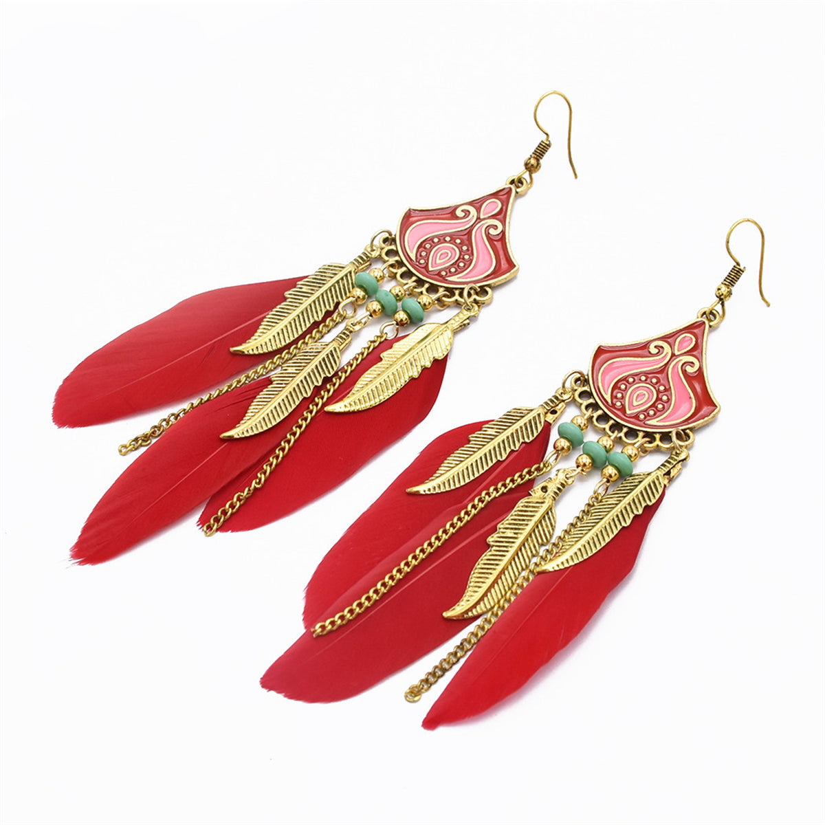 Red Feather & Enamel Turquoise Tassel Dangle Earring