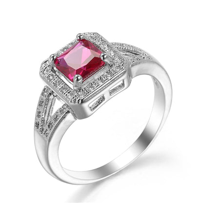 Red Cubic Zirconia and Crystal Halo Cushion-Cut Ring, statement rings for women, dainty minimalist design, front view