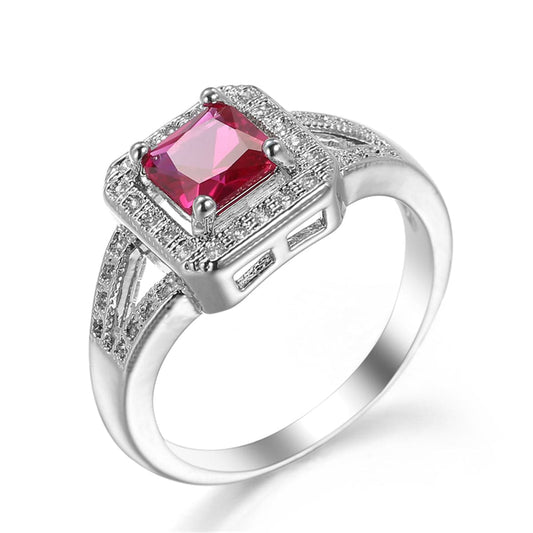 Red Cubic Zirconia and Crystal Halo Cushion-Cut Ring, statement rings for women, everyday style, front view