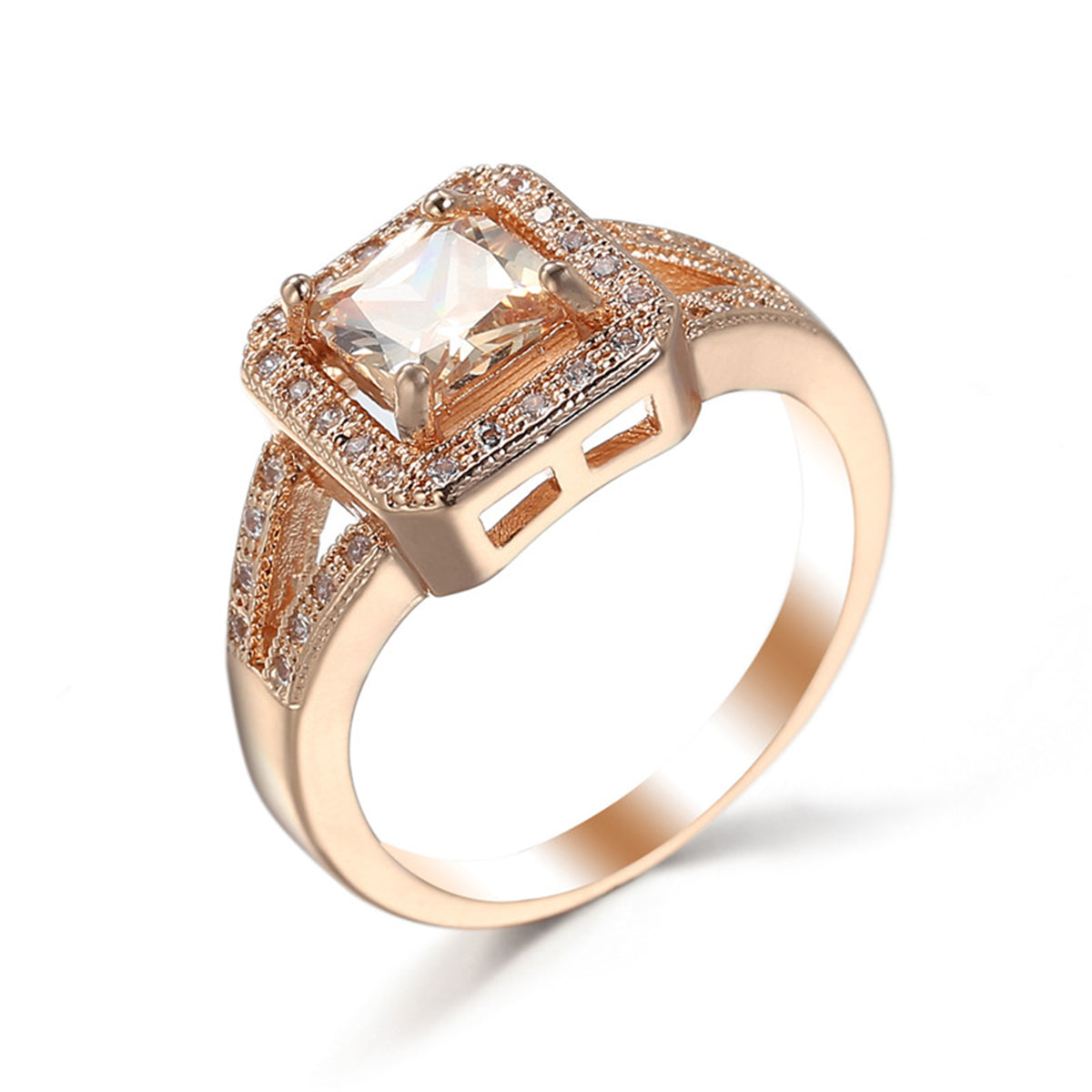 Cubic Zirconia and Crystal Princess-Cut Halo Ring, statement rings for women, dainty minimalist design, side view