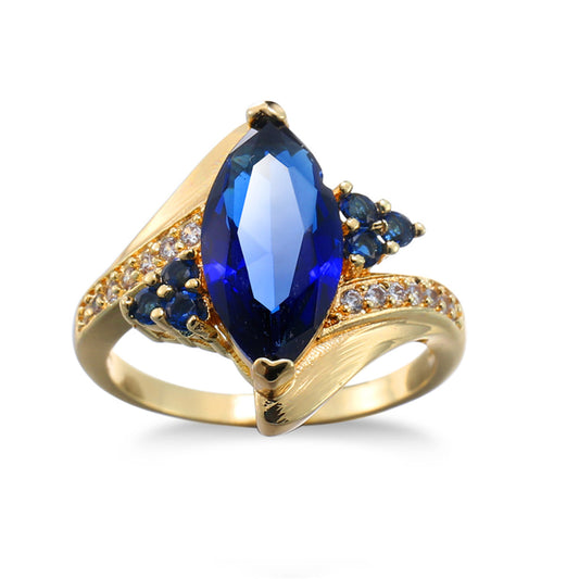 Navy Crystal and Cubic Zirconia 18K Gold-Plated Oval Bypass Ring, gold statement rings for women, front view