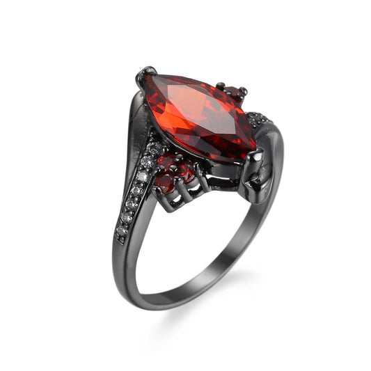 Red and Black Crystal and Cubic Zirconia Pear-Cut Ring, statement rings for women, botanical inspired, front view