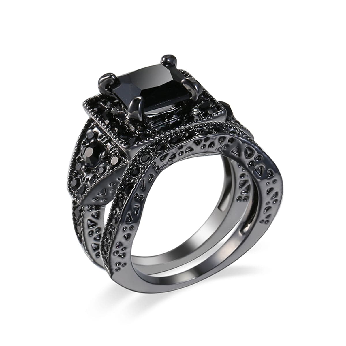 Black Crystal and Cubic Zirconia Ring Set, jewelry gift sets for women, botanical inspired, front view