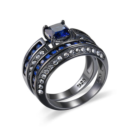 Navy Cubic Zirconia Princess-Cut Ring and Band, jewelry gift sets for women, vintage-inspired design, front view