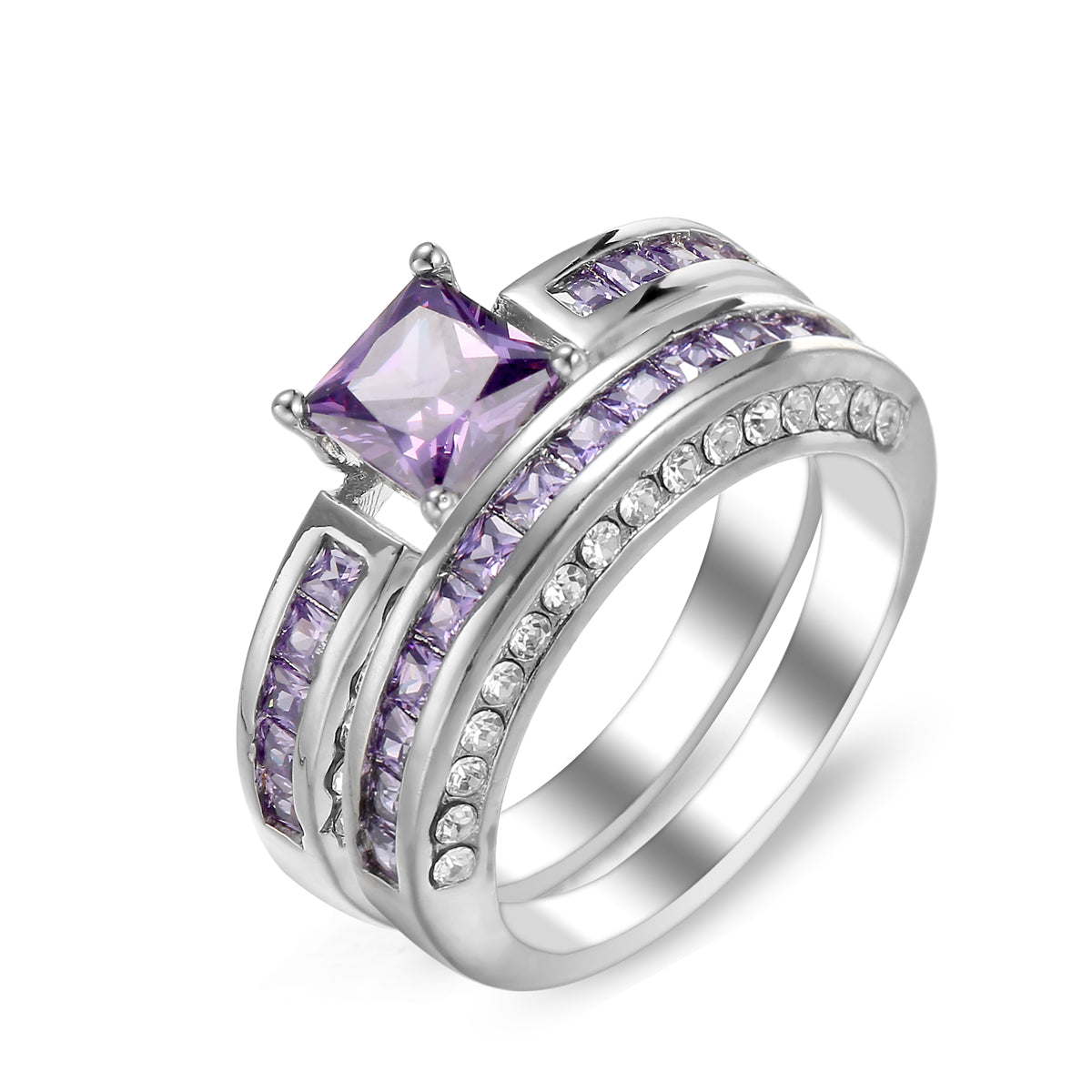 Purple Crystal and Cubic Zirconia Princess-Cut Band and Ring Set, jewelry gift sets for women, everyday style, front view
