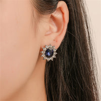Blue Crystal & Silver-Plated Sun Flower Stud Earrings