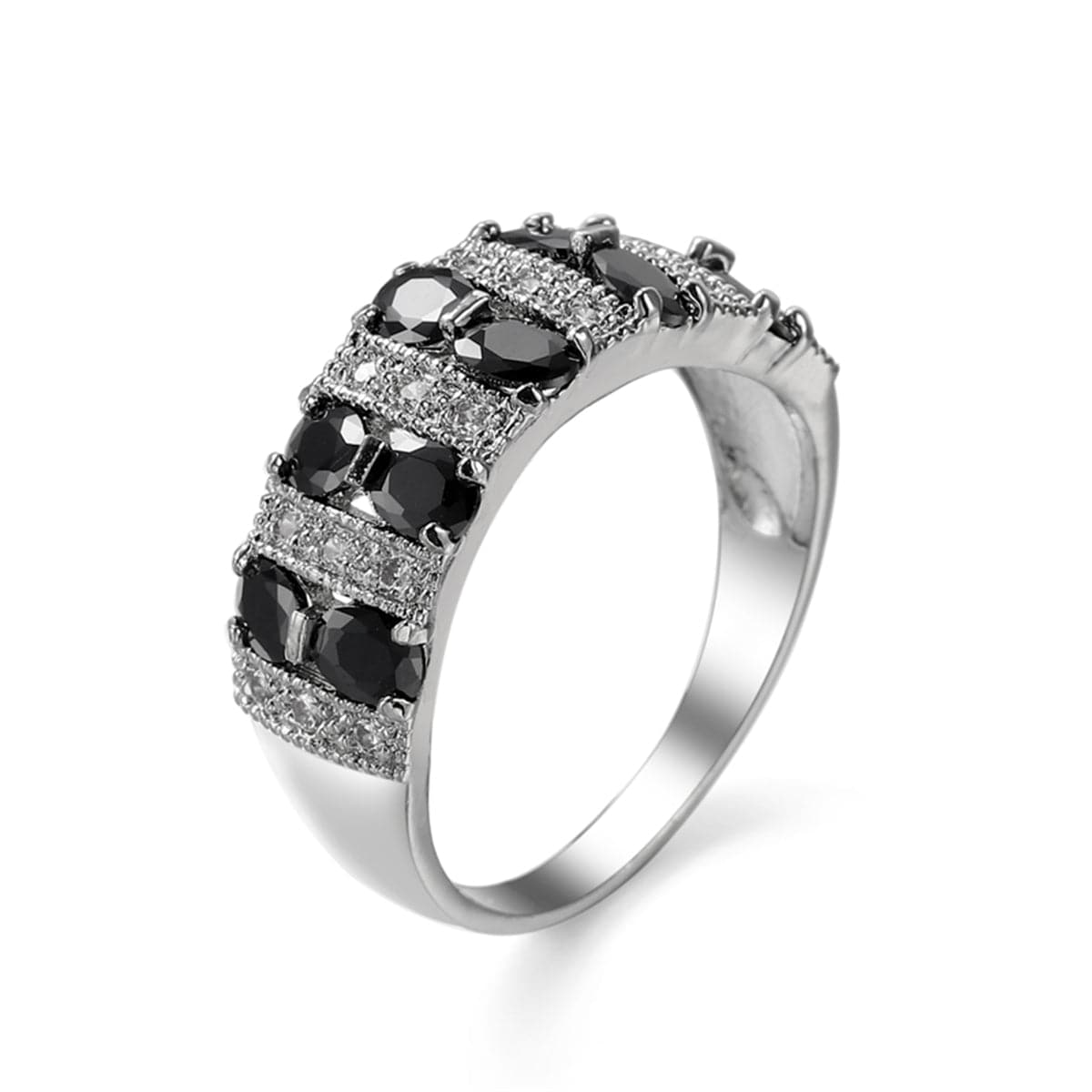 Black Crystal and Silver-Plated Invisible Ring, silver statement rings for women, botanical inspired, front view