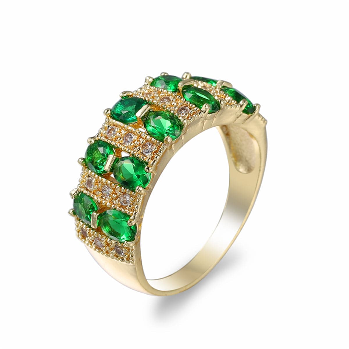 Green Crystal and 18K Gold-Plated Oval-Cut Band Ring, gold statement rings for women, botanical inspired, lifestyle look