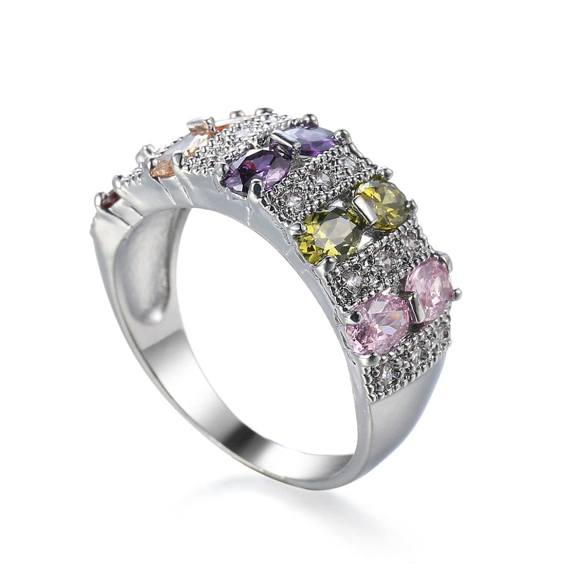 Purple & Pink Cubic Zirconia & Crystal Two-Row Ring