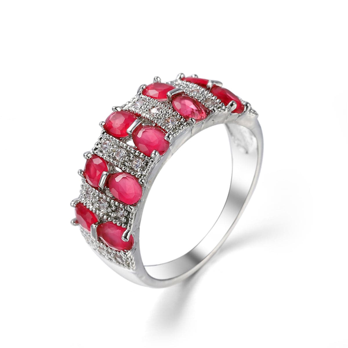 Red Cubic Zirconia and Crystal Two-Row Oval-Cut Ring, statement rings for women, botanical inspired, front view