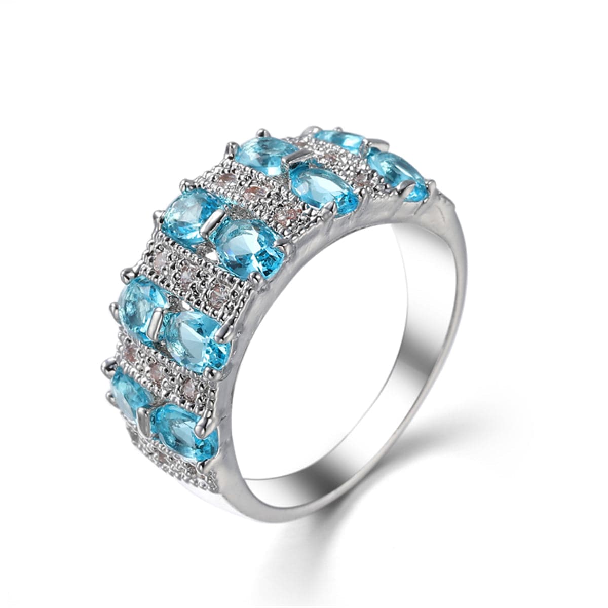 Sea Blue Crystal & Silver-Plated Oval-Cut Band Ring