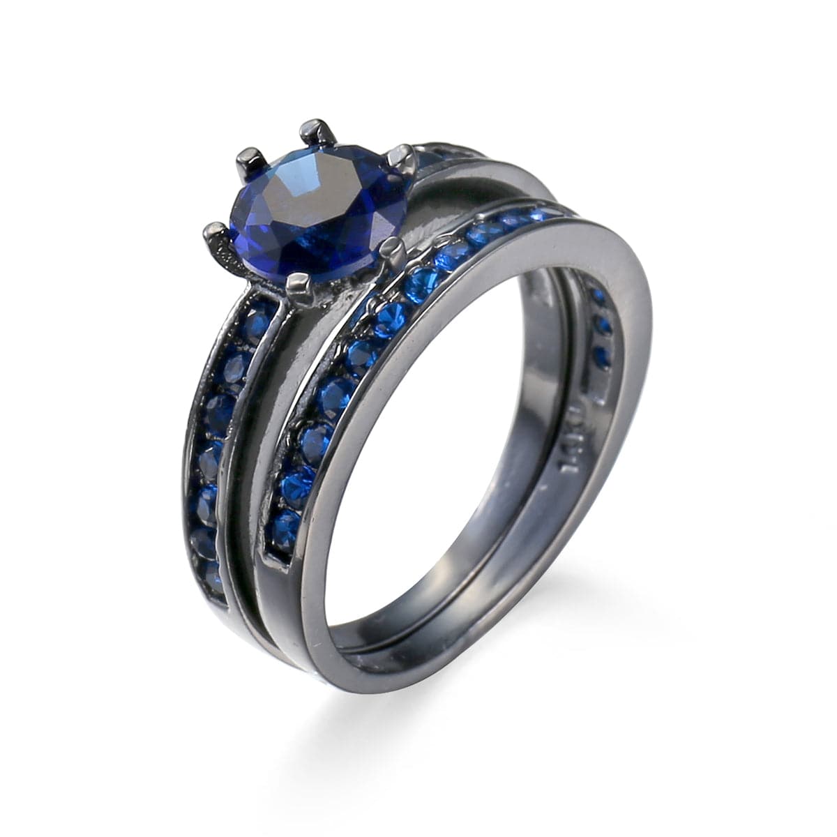 Navy Crystal and Cubic Zirconia Round-Cut Band and Ring Set, jewelry gift sets for women, vintage-inspired design, front view