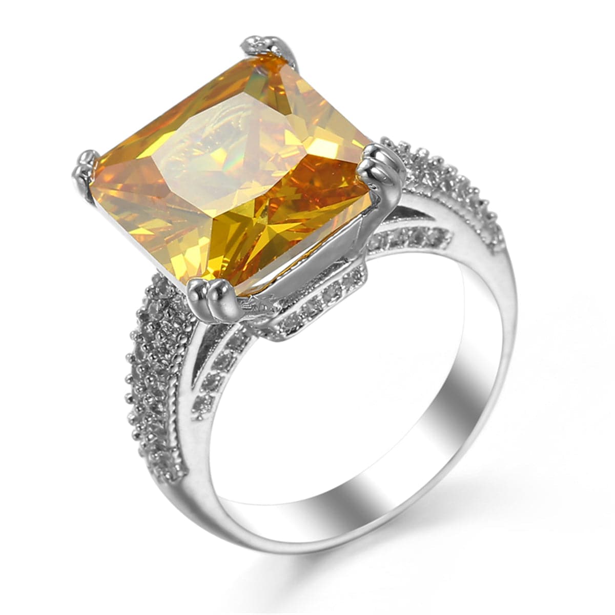 Yellow Crystal and Silver-Plated Princess-Cut Ring, jewelry gift sets for women, elegant gift for her, front view