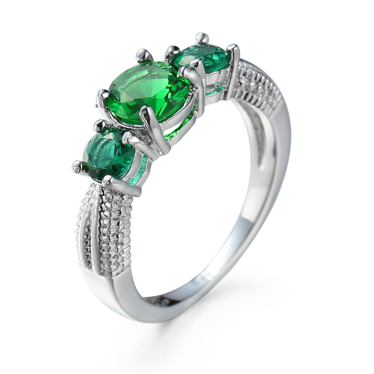 Green Crystal and Silver-Plated Oval Prong Ring, silver statement rings for women, vintage-inspired design, front view