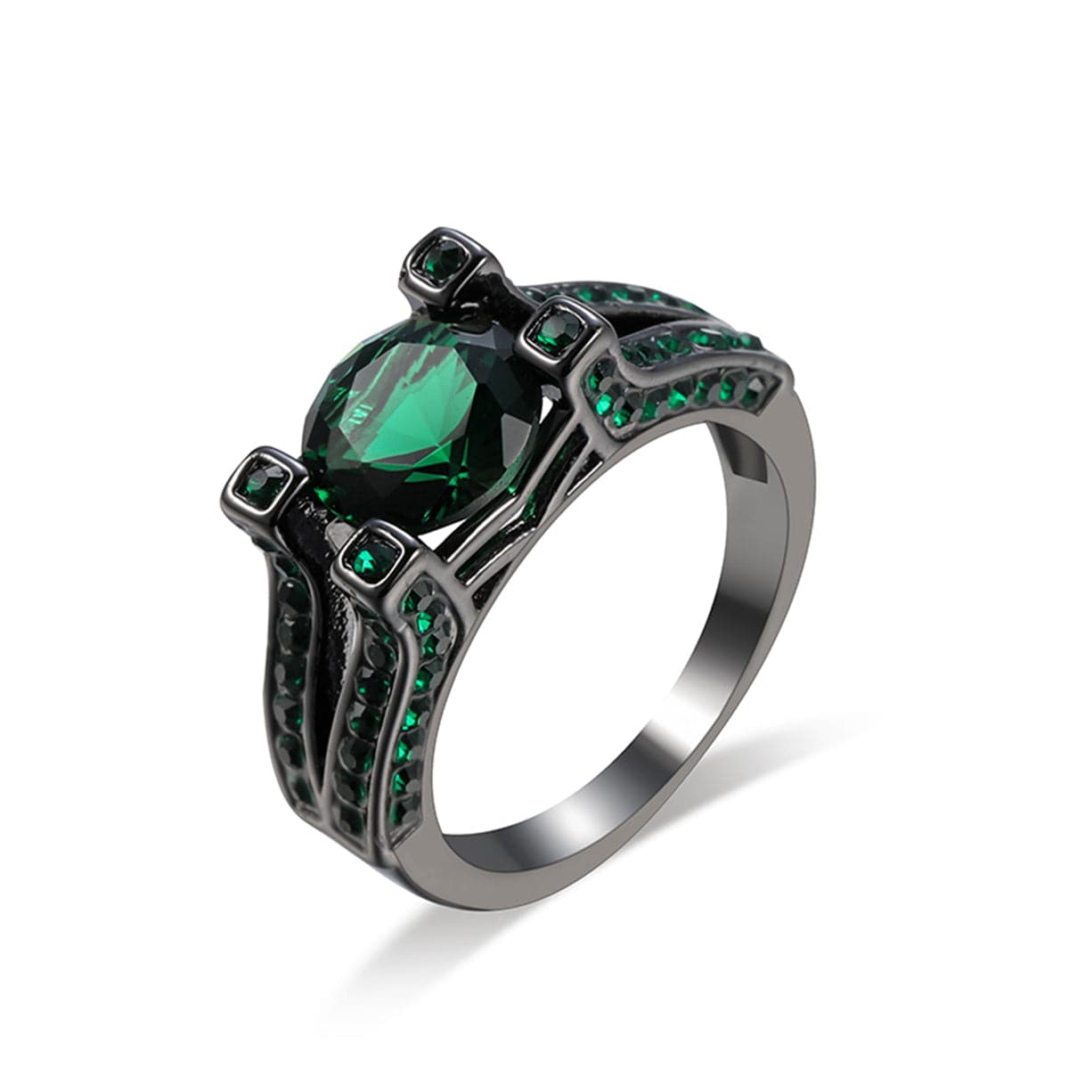 Green Crystal and Cubic Zirconia Tension Pavé Ring, statement rings for women, dainty minimalist design, front view