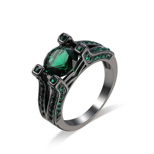 Green Crystal and Cubic Zirconia Tension Pavé Ring, statement rings for women, dainty minimalist design, front view