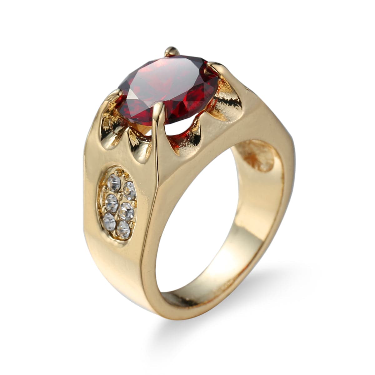 Red Crystal and 18K Gold-Plated Ring, gold statement rings for women, botanical inspired, side view