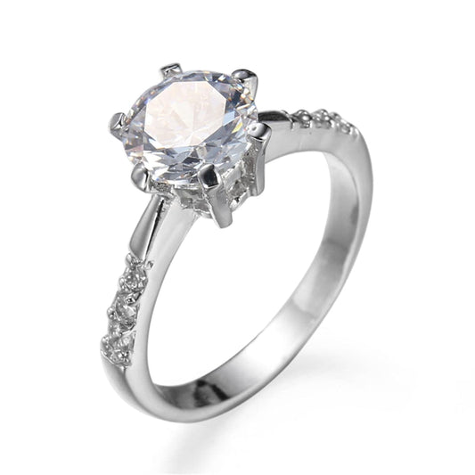 Crystal and Cubic Zirconia Silver-Plated Round-Cut Prong Ring, silver statement rings for women, front view