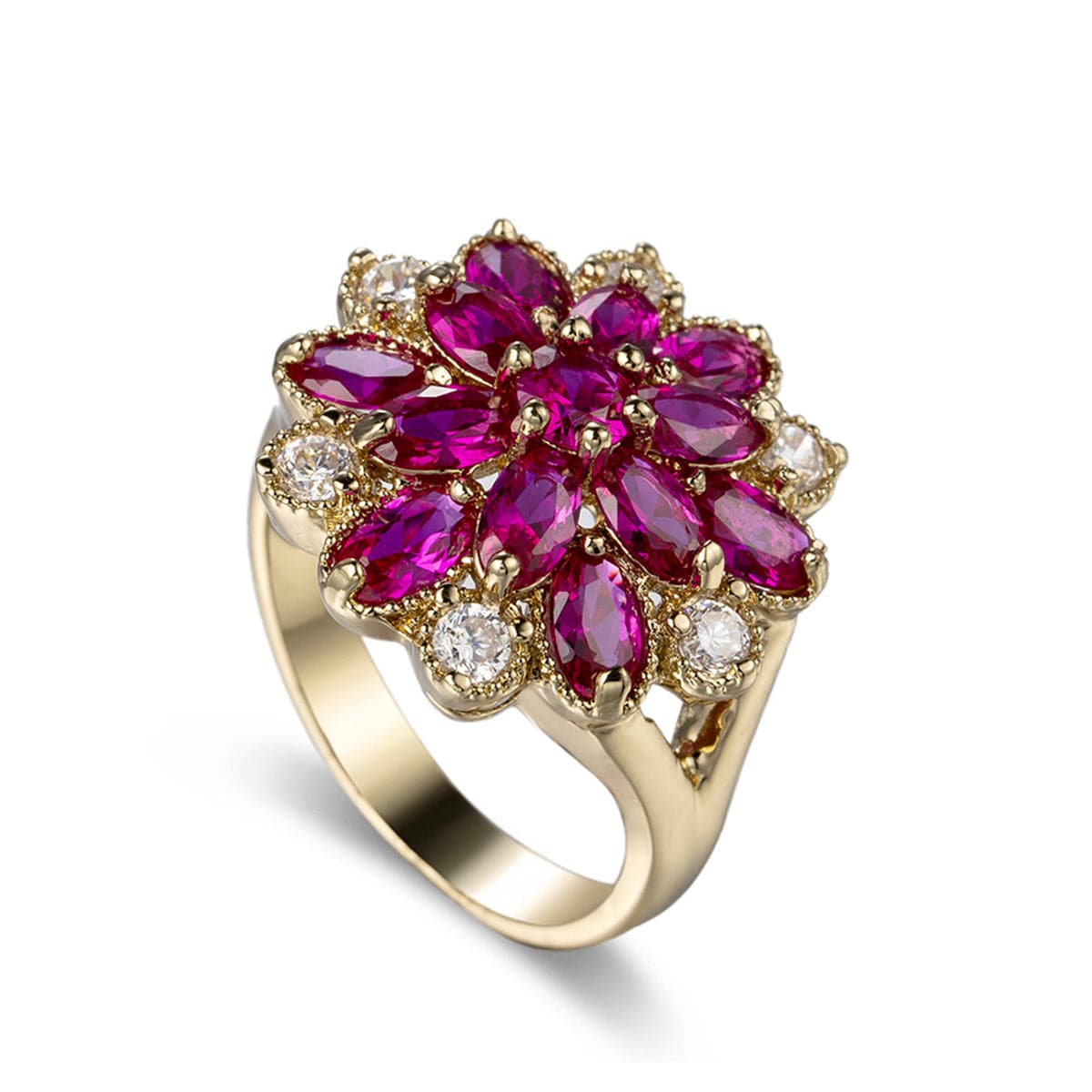 Red Corundum and Cubic Zirconia Flower Ring, statement rings for women, botanical inspired, side view