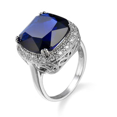 Navy Crystal & Cubic Zirconia Silver-Plated Halo Cushion-Cut Ring